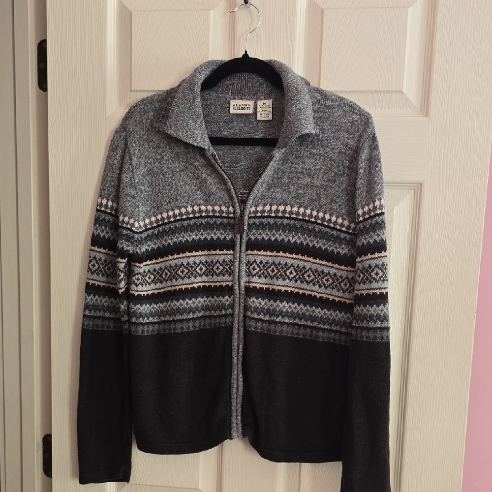 Classic Elements Gray and‎ Black Patterned Full-Zip Cardigan